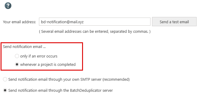 Notification email, options